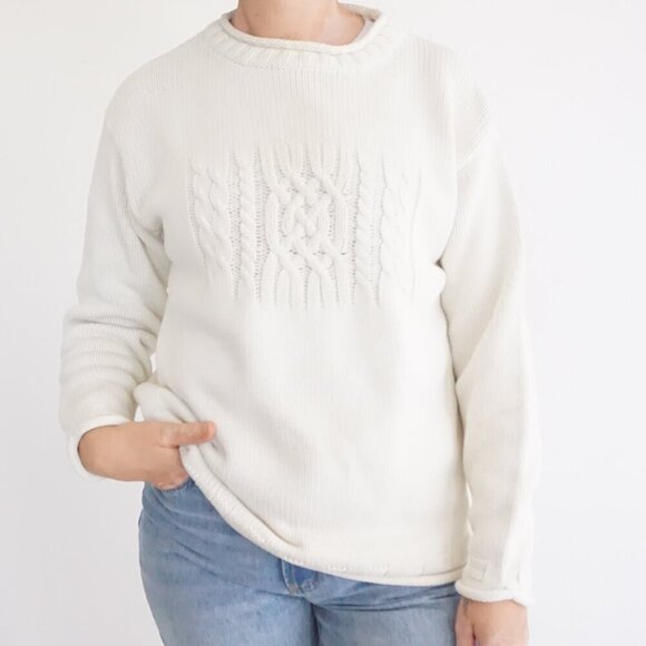 Vintage '90S Northern Reflections Cream Cable Knit Cotton Crewneck Sweater L - Picture 1 of 10